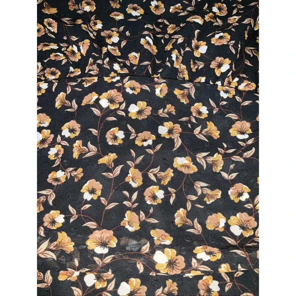 Storia  Dress Size S Mini Floral Long Sleeve ‎ Black Brown Ruched Swiss Dot Zip